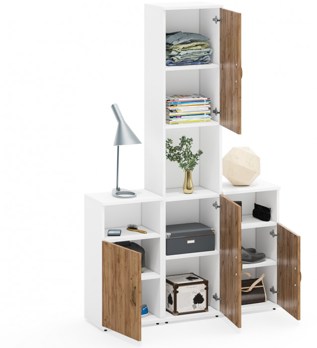 Лидер-8 Пенал + Тумба МД 3.19 + Тумба МД 3.19, цвет белый шагрень/крафт золото, ШхГхВ 120х30х190 см., универсальная сборка