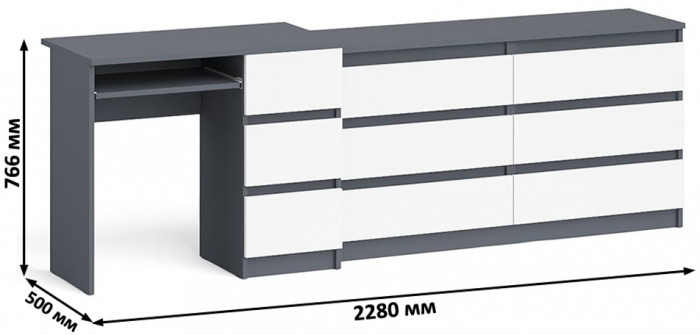Мори Стол компьютерный МС-6 правый + Комод МК1380.6, цвет графит/белый, ШхГхВ 228х50х76,6 см., выдвижные ящики справа, НЕ универсальная сборка