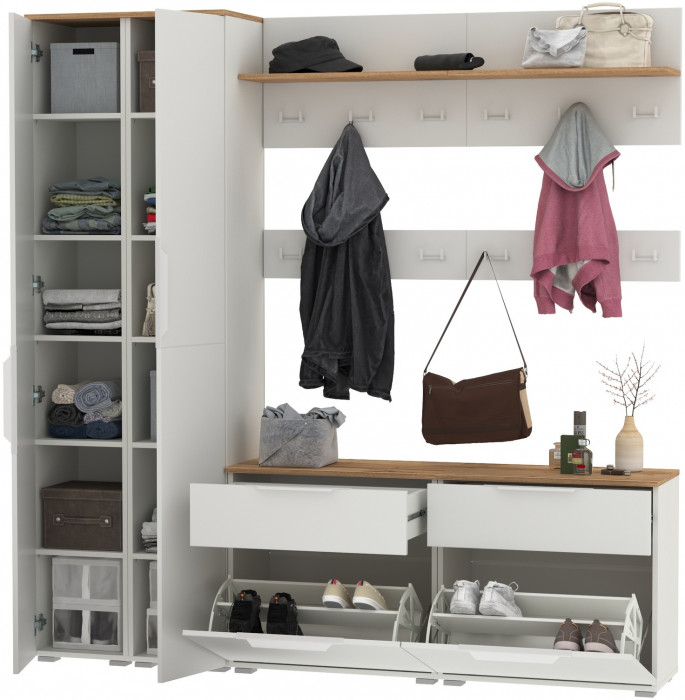 Октава Прихожая 35, цвет белый шагрень/дуб крафт золотой/фасады МДФ белый шагрень, ШхГхВ 194,2х35,4х197,6 см., универсальная сборка