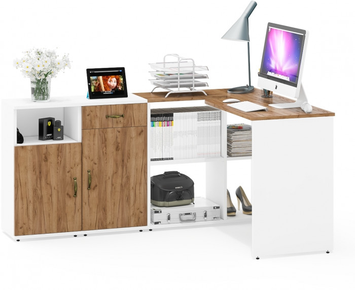 Лидер-8 Стол + Тумба МД 3.15 + Тумба МД 3.19, белый шагрень/крафт золото