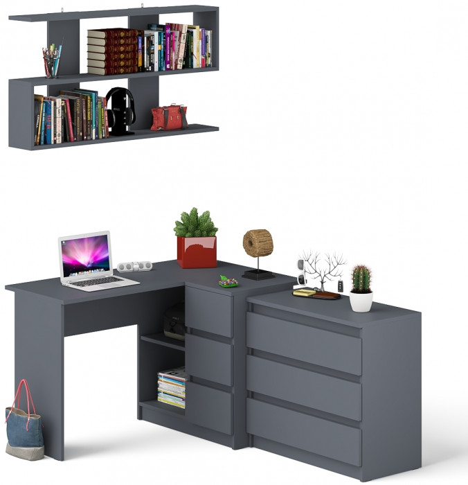 Мори компьютерный стол МС-16 правый + Комод МК800.1 + Полка 1200, графит