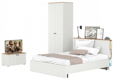 Остин 11.53 Кровать + ортопед + 13.336.02 Шкаф для одежды + 13.257 Тумба, белый шагрень/дуб крафт золотой