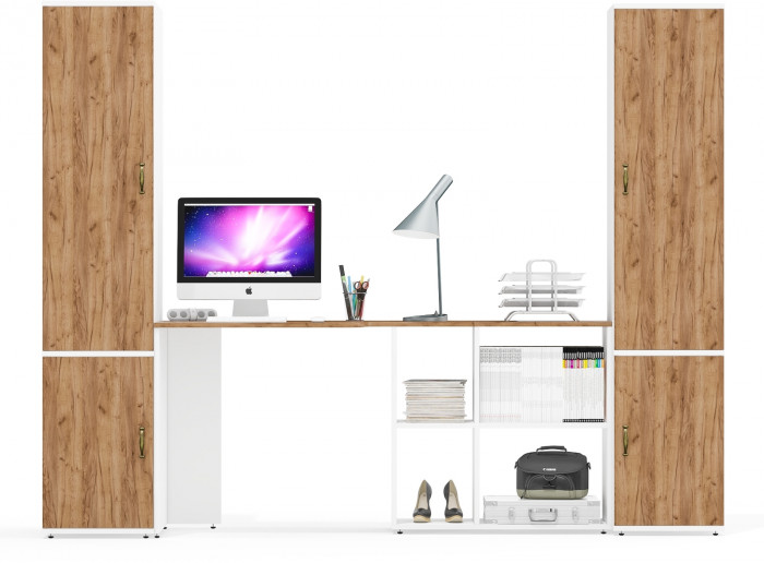 Лидер-8 Пенал МД 23Б + Стол + Пенал 22Б, цвет белый шагрень/крафт золото, ШхГхВ 245х50/37,5х75/190 или 155х120/50х75/190 см., НЕ универсальная сборка