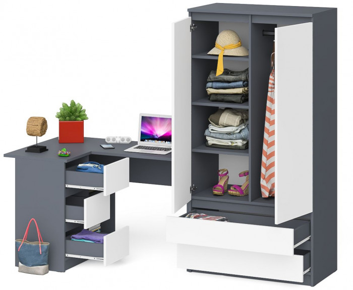 Мори Стол компьютерный МС-16 левый + Шкаф МШ900.1, цвет графит/белый, ШхГхВ 214,8х84,9х179,6 см., выдвижные ящики слева, НЕ универсальная сборка