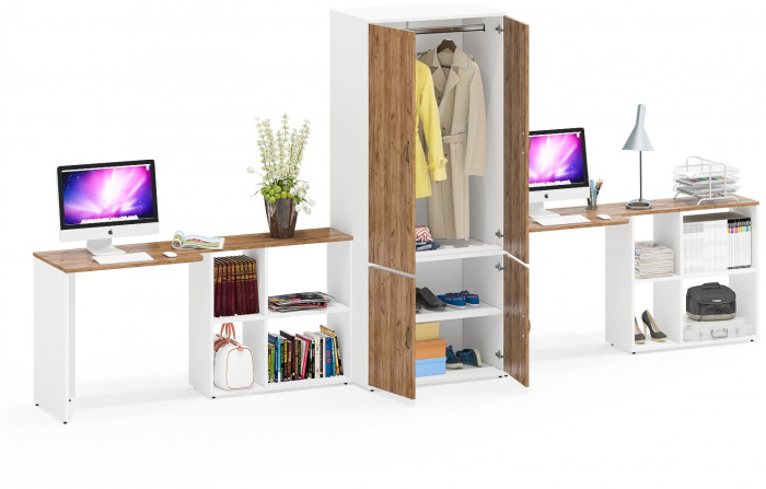 Лидер-8 Стол + Стол + Шкаф МД 19Б, белый шагрень/крафт золото