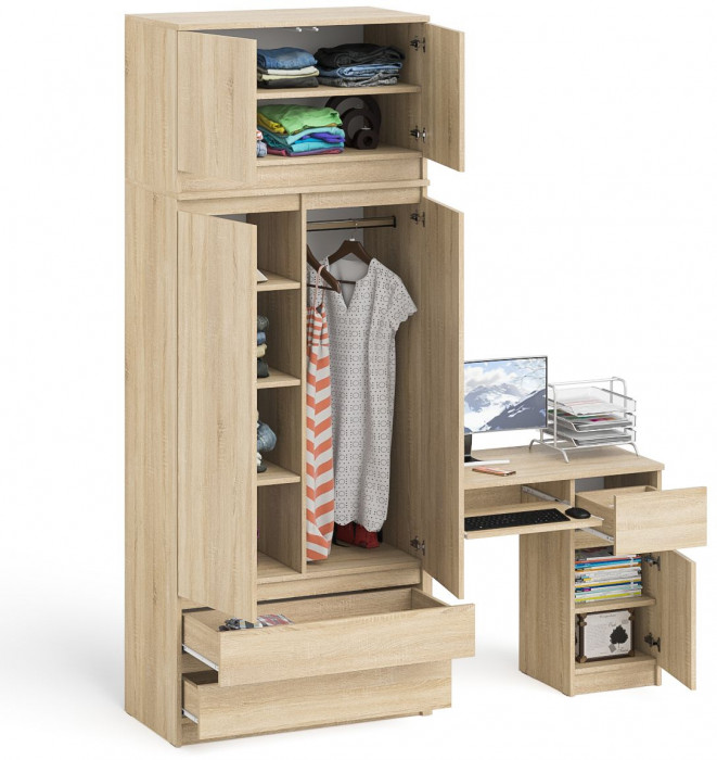 Мори компьютерный стол МС-1 правый + Шкаф МШ900.1 + Антресоль МА900.1, дуб сонома