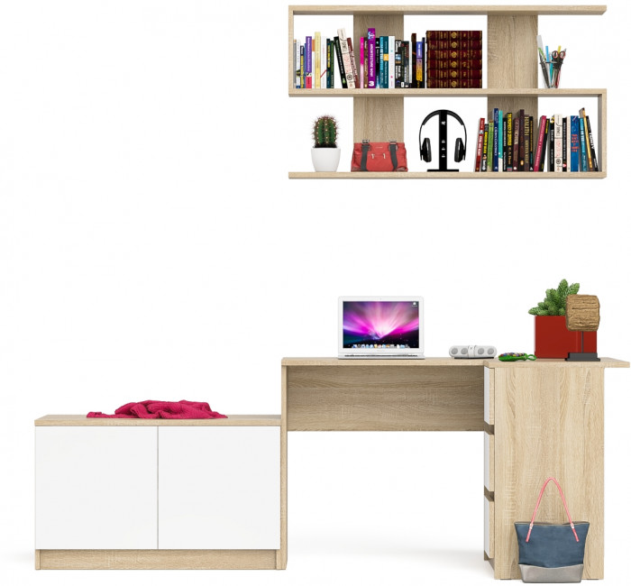 Мори компьютерный стол МС-16 правый + Тумба МА900.1 + Полка 1200, дуб сонома/белый