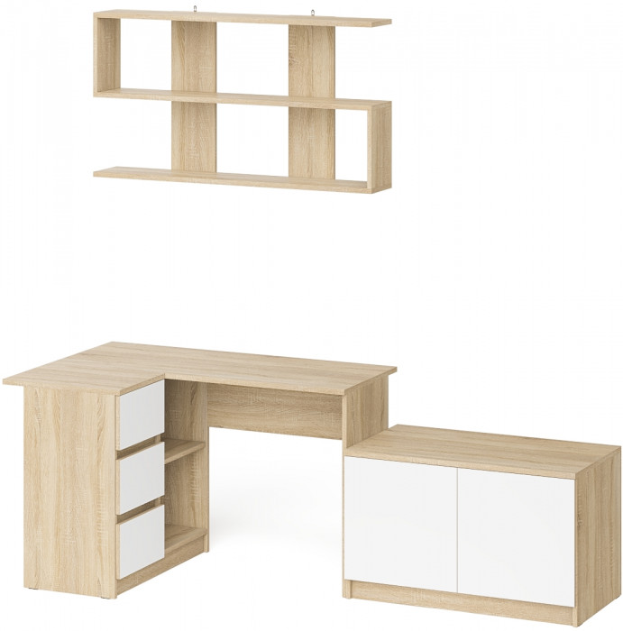Мори компьютерный стол МС-16 правый + Тумба МА900.1 + Полка 1200, дуб сонома/белый
