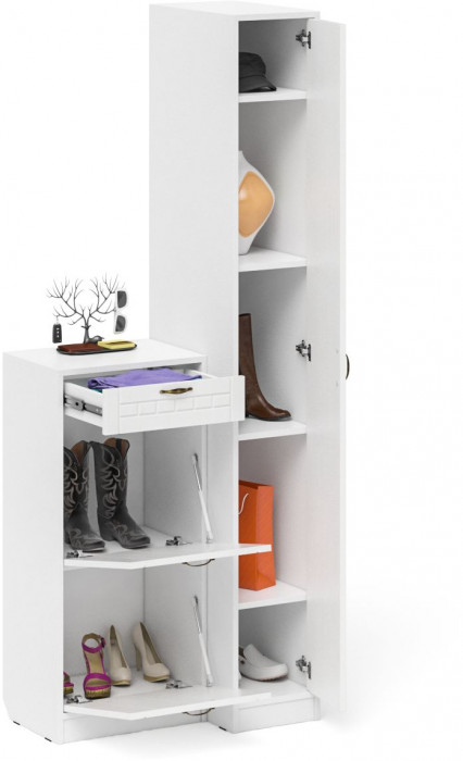 Прихожая П-6 Компоновка № 42, белая шагрень/фасады МДФ белое дерево фрезеровка прованс