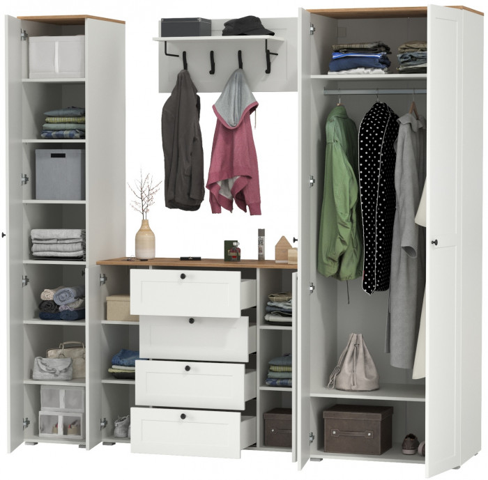 Остин Прихожая 39, цвет белый шагрень/дуб крафт золотой, ШхГхВ 240х54,3х229,6 см., универсальная сборка