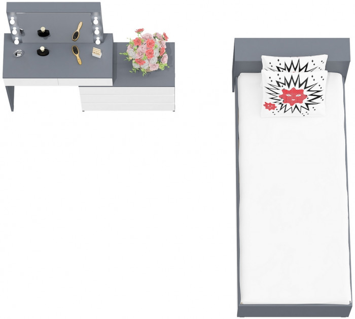 Ксения Кровать с ящиками 0900 + Стол косметический с подсветкой 110, графит/белый