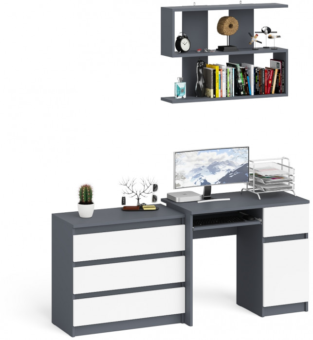 Мори компьютерный стол МС-1 правый + Комод МК800.1 + Полка 900, графит/белый