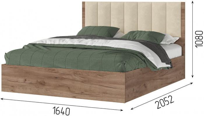 РЕЙН КР 02 Кровать 1.6х2.0 (1640х1110х2052) Велюр БЕЖЕВЫЙ/Корпус ДУБ КРАФТ ТАБАЧНЫЙ