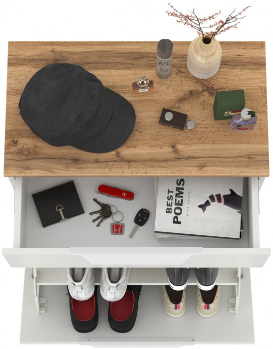 Октава 16.127 Тумба для обуви, цвет белый шагрень/дуб крафт золотой/фасады МДФ белый шагрень, ШхГхВ 64,9х35,4х62,2 см.