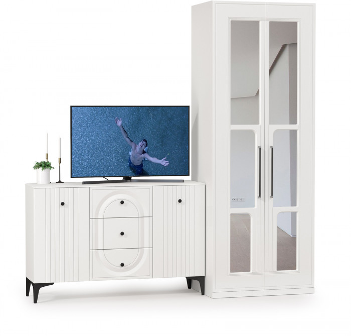 Валенсия Спальня 13.309 Комод + 13.329 Шкаф для одежды, цвет ЛДСП белый шагрень/МДФ белый шагрень, ШхГхВ 217,2х54,2х225,3 см.