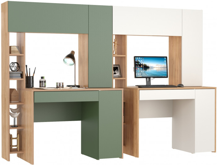 Два стола компьютерных Комфорт 12.71, цвет гикори рокфорд натуральный/дымчатый зелёный/дуб золотой/белый, ШхГхВ 233,4х60,2х165,4 см., НЕ ун. сб.