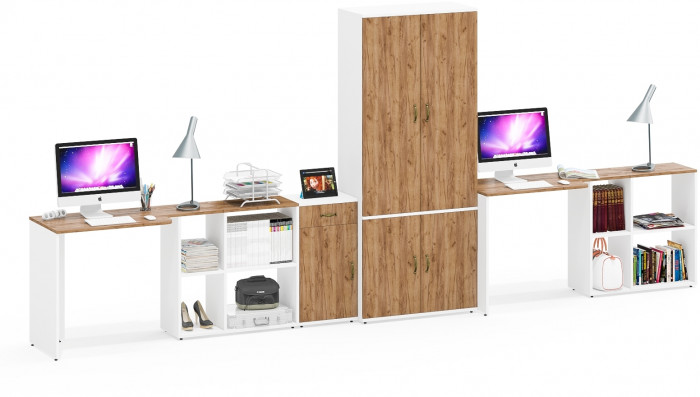 Лидер-8 Стол + Стол + Шкаф МД 20Б + Тумба МД 3.15, белый шагрень/крафт золото