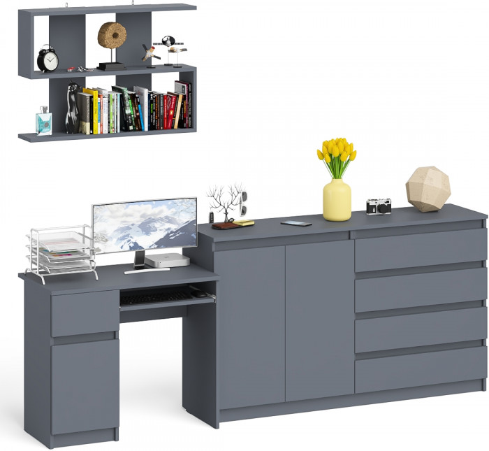 Мори компьютерный стол МС-1 левый + Комод МК1600.1 + Полка 900, графит