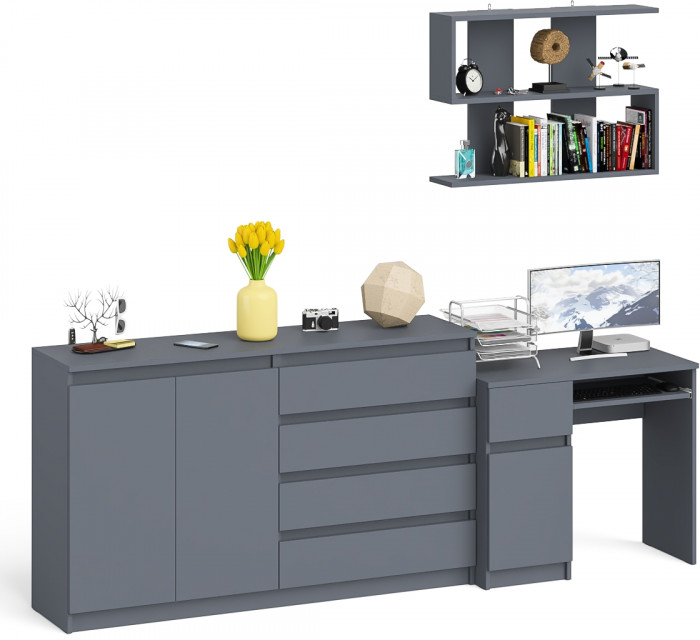 Мори компьютерный стол МС-1 левый + Комод МК1600.1 + Полка 900, графит