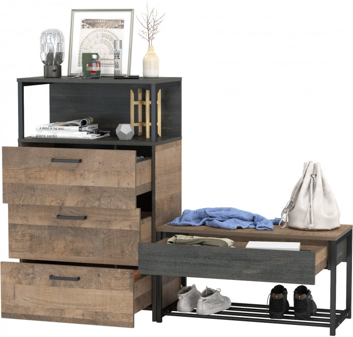 Трувор 13.241.03 Тумба для обуви + 13.307.02 Комод с ящиками, цвет дуб гранж песочный/интра, ШхГхВ 146х37х106,9 см., универсальная сборка