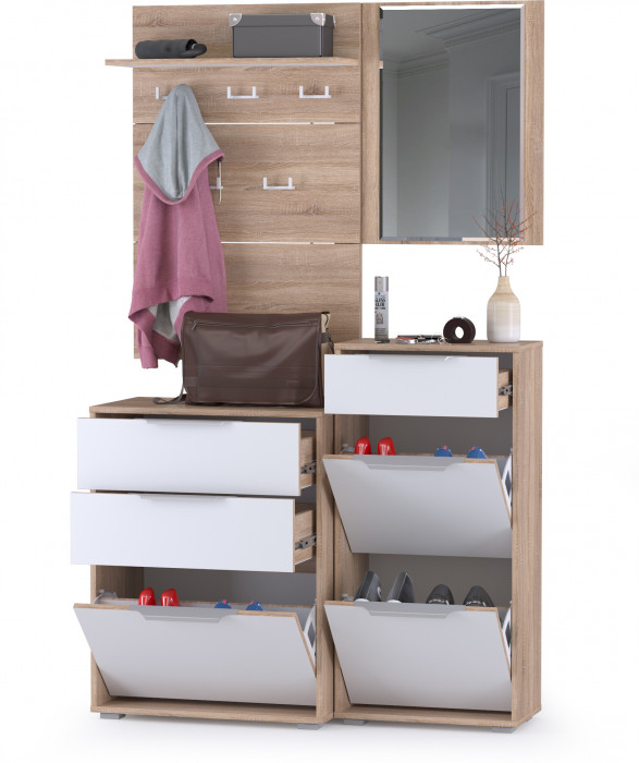 Куба Прихожая 8, обувница 13.113 + Вешалка 10.122 + обувница 13.114 + Зеркало, цвет дуб сонома/белый премиум, ШхГхВ 115х38,3х210,6 см., ун. сборка