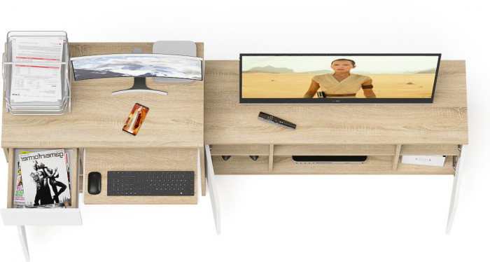 Мори Стол компьютерный МС-1 левый + Тумба МТВ1200.1, цвет дуб сонома/белый, ШхГхВ 210,4х50х76,6 см., выдвижной ящик слева, НЕ универсальная сборка