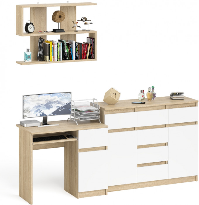 Мори Стол компьютерный МС-1 правый + Комод МК1200.4 + Полка 900, цвет дуб сонома/белый, ШхГхВ 210,4х50х209,6 см., НЕ универсальная сборка