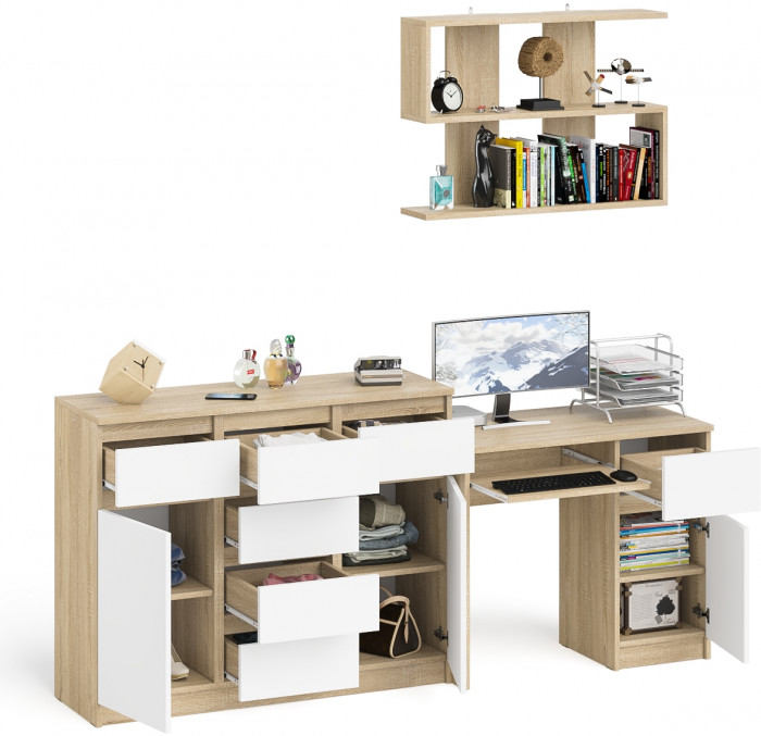 Мори Стол компьютерный МС-1 правый + Комод МК1200.4 + Полка 900, цвет дуб сонома/белый, ШхГхВ 210,4х50х209,6 см., НЕ универсальная сборка