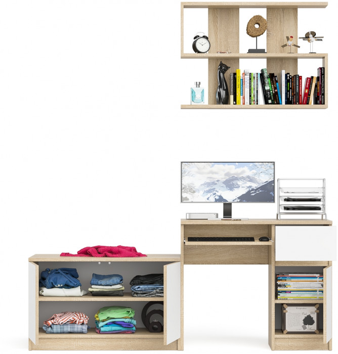 Мори Стол компьютерный МС-1 правый + Тумба МА900.1 + Полка 900, цвет дуб сонома/белый, ШхГхВ 180,4х50,4х209,6 см., НЕ универсальная сборка