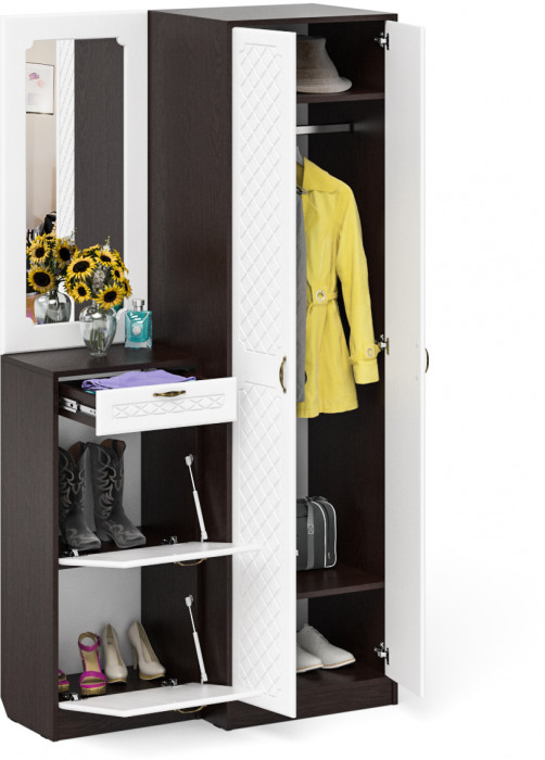 Прихожая П-6 Компоновка № 17, цвет венге/фасады МДФ белое дерево фрезеровка ромб, ШхГхВ 110х50х210 см., универсальная сборка