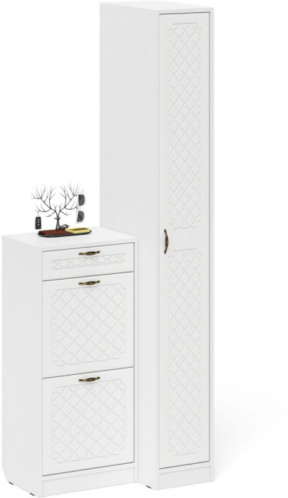 Прихожая П-6 Компоновка № 42, белая шагрень/фасады МДФ белое дерево фрезеровка ромб