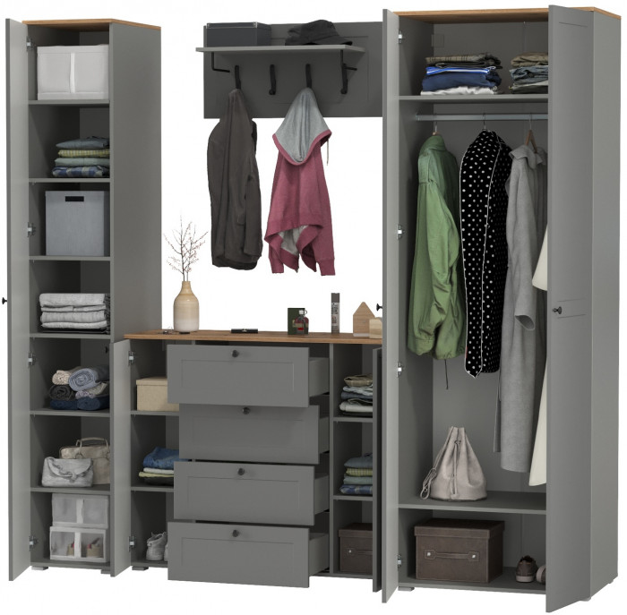 Остин Прихожая 39, цвет серый графит/дуб крафт золотой, ШхГхВ 240х54,3х229,6 см., универсальная сборка