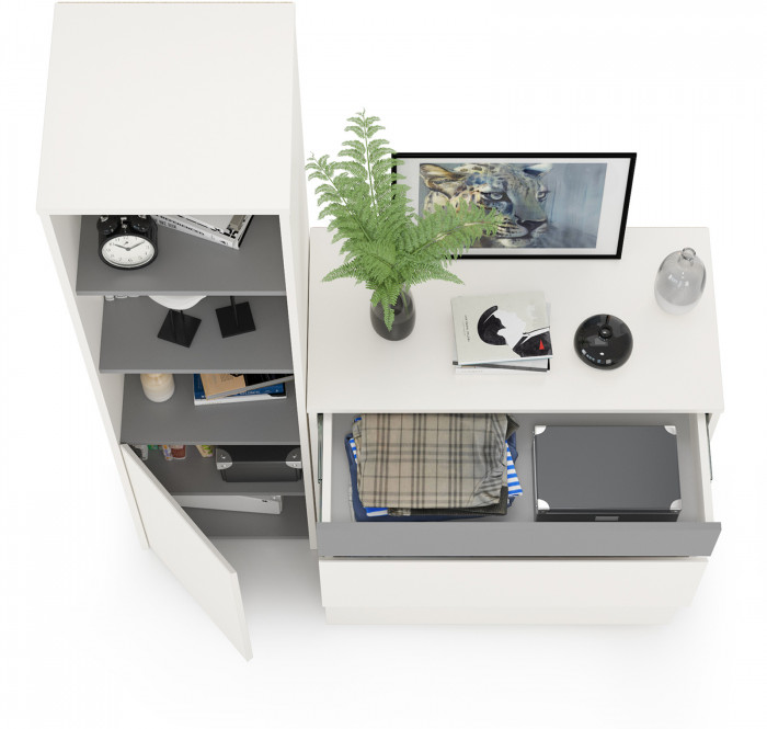 Торонто 13.13 Шкаф комбинированный + 13.321 Комод, белый шагрень/стальной серый