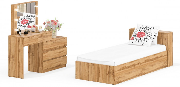 Ксения Кровать с ящиками 0900 + Стол косметический с подсветкой 110, дуб вотан