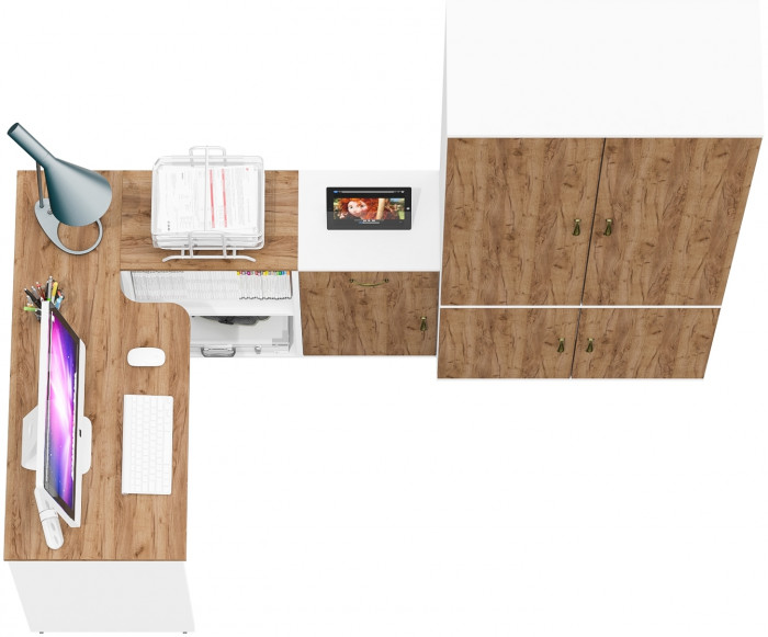 Лидер-8 Стол + Тумба МД 3.15 + Шкаф МД 20Б, белый шагрень/крафт золото