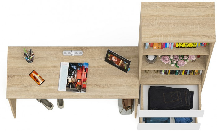 Мори письменный стол МСП1200.1 + Стеллаж МСТ600.3, дуб сонома/белый