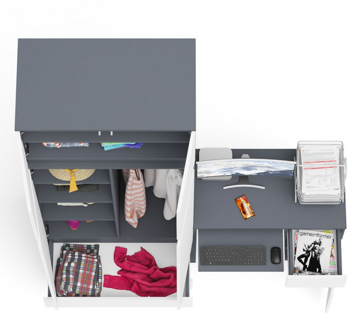 Мори Стол компьютерный МС-1 правый + Шкаф МШ900.1 + Антресоль МА900.1, цвет графит/белый, ШхГхВ 180,4х50,4х234,2 см., выдвиж. ящик справа, НЕ ун. сб.