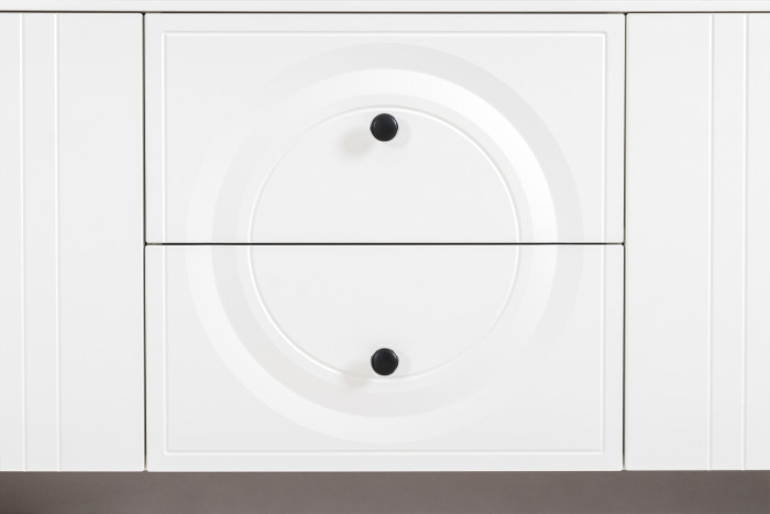 Валенсия Спальня 13.309 Комод + 16.45 Тумба под ТВ, цвет ЛДСП белый шагрень/МДФ белый шагрень, ШхГхВ 266,3х38,4х87,5 см.