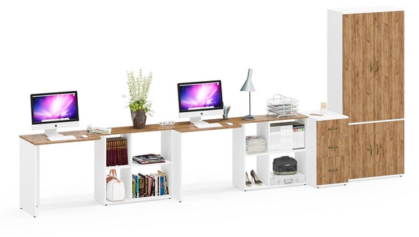 Лидер-8 Стол + Стол + Шкаф МД 20Б + Тумба МД 3.16, белый шагрень/крафт золото