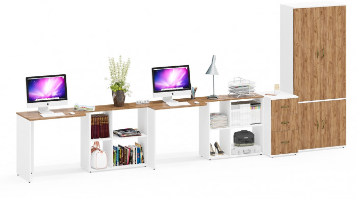 Лидер-8 Стол + Стол + Шкаф МД 20Б + Тумба МД 3.16, белый шагрень/крафт золото