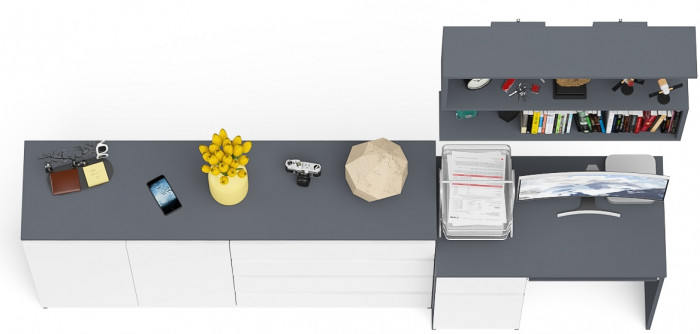 Мори компьютерный стол МС-1 левый + Комод МК1600.1 + Полка 900, графит/белый