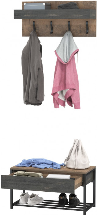 Трувор 13.241.03 Тумба для обуви + 15.04 Вешалка, цвет дуб гранж песочный/интра, ШхГхВ 80х36,6х195 см.