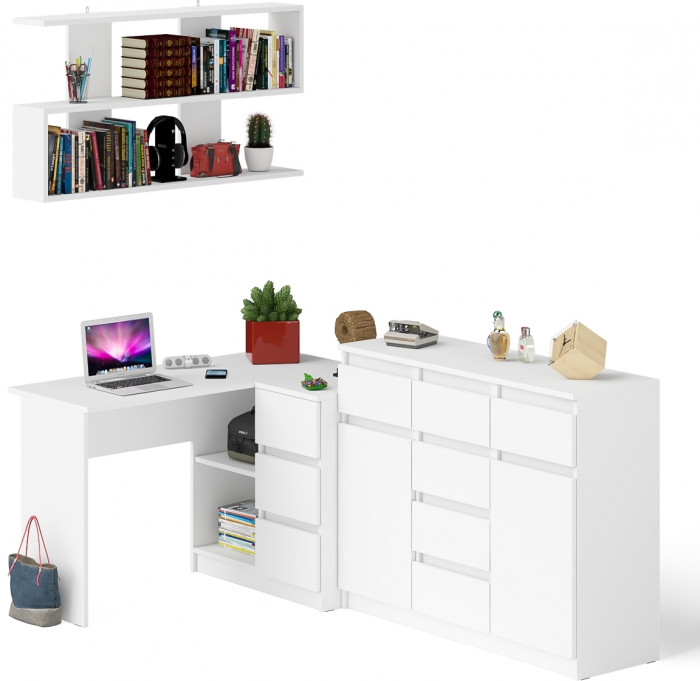 Мори компьютерный стол МС-16 правый + Комод МК1200.4 + Полка 1200, белый