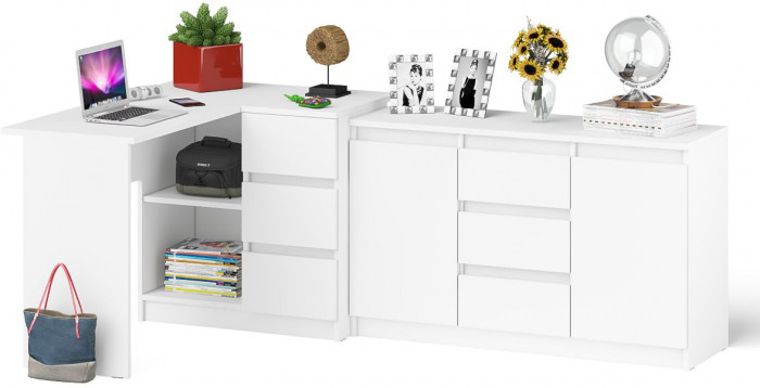 Мори Стол компьютерный МС-16 правый + Комод МК1200.3, цвет белый, ШхГхВ 244,8х84,9х76,6 см., выдвижные ящики справа, НЕ универсальная сборка