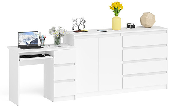 Мори Стол компьютерный МС-6 правый + Комод МК1600.1, цвет белый, ШхГхВ 250,4х50х94 см., выдвижные ящики справа, НЕ универсальная сборка