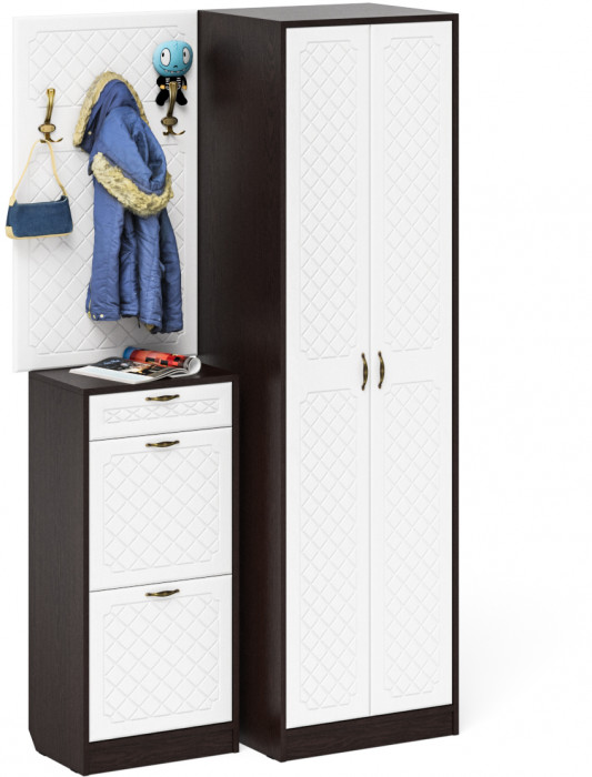 Прихожая П-6 Компоновка № 18, цвет венге/фасады МДФ белое дерево фрезеровка ромб, ШхГхВ 120х50х210 см., универсальная сборка