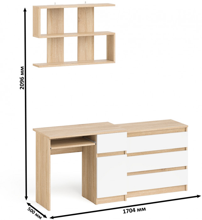 Мори компьютерный стол МС-1 правый + Комод МК800.1 + Полка 900, дуб сонома/белый