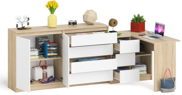 Мори компьютерный стол МС-16 левый + Комод МК1600.1, дуб сонома/белый