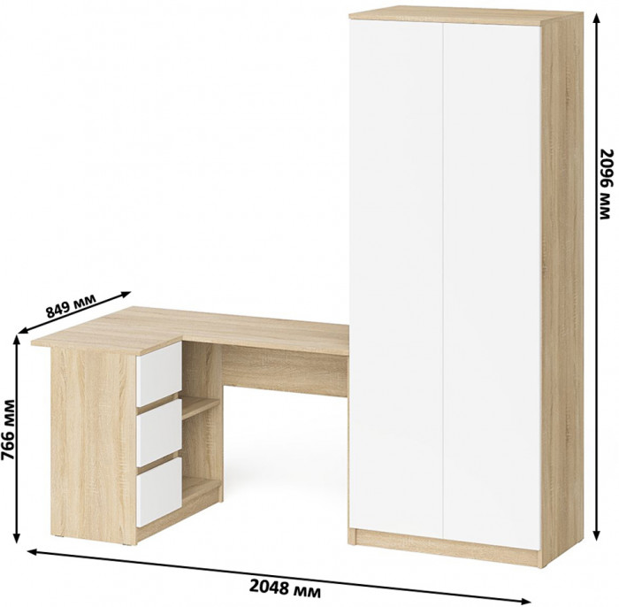 Мори компьютерный стол МС-16 левый + Шкаф МШ800.1, дуб сонома/белый