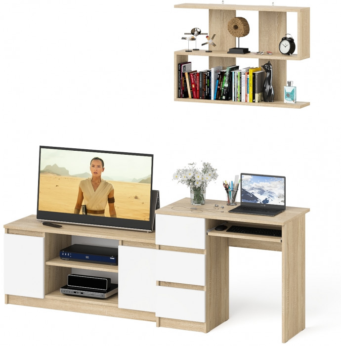 Мори компьютерный стол МС-6 левый + Тумба МТВ1200.1 + Полка 900, дуб сонома/белый